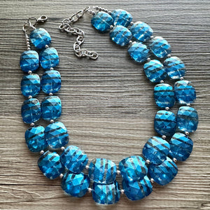 Blue ombré Necklace, Double strand jewelry, big beaded chunky statement royal blue denim white, blue ombre, blue bridesmaid, blue jewelry