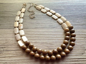 2 Strand Wood & Tan Beaded Necklace, brown Jewelry Chunky statement necklace, big beaded necklace jewelry, natural smooth wood