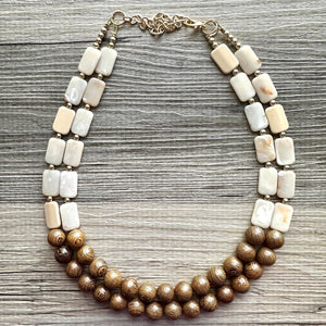 2 Strand Wood & Tan Beaded Necklace, brown Jewelry Chunky statement necklace, big beaded necklace jewelry, natural smooth wood