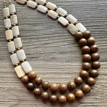 Load image into Gallery viewer, 2 Strand Wood &amp; Tan Beaded Necklace, brown Jewelry Chunky statement necklace, big beaded necklace jewelry, natural smooth wood