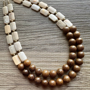 2 Strand Wood & Tan Beaded Necklace, brown Jewelry Chunky statement necklace, big beaded necklace jewelry, natural smooth wood