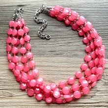 Load image into Gallery viewer, Bubble Pink Statement Necklace, Hot Pink Coral chunky bib beaded jewelry, color block wedding bridesmaid acrylic bib earrings set 5 strand