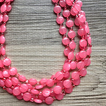 Load image into Gallery viewer, Bubble Pink Statement Necklace, Hot Pink Coral chunky bib beaded jewelry, color block wedding bridesmaid acrylic bib earrings set 5 strand