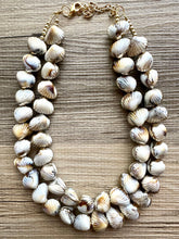Load image into Gallery viewer, Shell Vacation beaded statement necklace, double strand necklace, gold big bead jewelry, chunky golden dipped shell necklace cream white