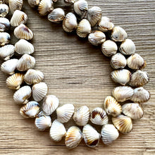 Load image into Gallery viewer, Shell Vacation beaded statement necklace, double strand necklace, gold big bead jewelry, chunky golden dipped shell necklace cream white