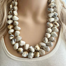 Load image into Gallery viewer, Shell Vacation beaded statement necklace, double strand necklace, gold big bead jewelry, chunky golden dipped shell necklace cream white