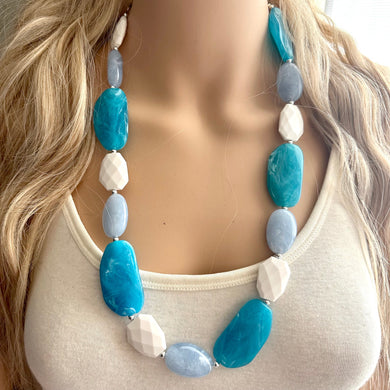 Long Beach Statement Necklace, Chunky Beaded Necklace, aqua light blue Jewelry, long necklace, bead white earrings geometric periwinkle