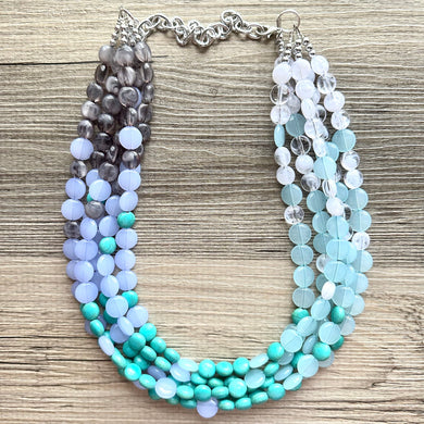 First Snow Of Fall Statement Necklace, Chunky 5 Strand Jewelry, gray white blue necklace, bib beaded collar bead periwinkle sky aqua