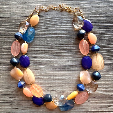 Summer Peach & Blueberry Necklace, multi strand colorful jewelry, big beaded chunky statement necklace, navy blue necklace, coral jewelry