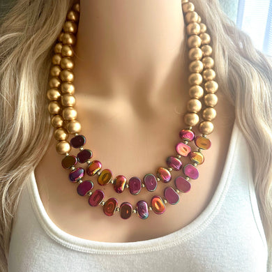 Golden Bonfire Necklace, 2 Strand Statement Jewelry, Chunky bib bridesmaid everyday jewelry gold pink orange red metallic OOAK metallic