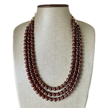 Load image into Gallery viewer, Frosted Burgundy Chunky 3 Strand Statement Necklace, fall necklace, red jewelry, dark red necklace, maroon ball beaded, gold earrings glass