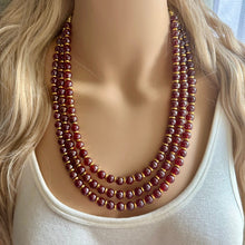 Load image into Gallery viewer, Frosted Burgundy Chunky 3 Strand Statement Necklace, fall necklace, red jewelry, dark red necklace, maroon ball beaded, gold earrings glass