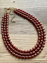 Load image into Gallery viewer, Frosted Burgundy Chunky 3 Strand Statement Necklace, fall necklace, red jewelry, dark red necklace, maroon ball beaded, gold earrings glass