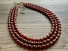 Load image into Gallery viewer, Frosted Burgundy Chunky 3 Strand Statement Necklace, fall necklace, red jewelry, dark red necklace, maroon ball beaded, gold earrings glass