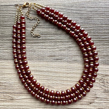 Load image into Gallery viewer, Frosted Burgundy Chunky 3 Strand Statement Necklace, fall necklace, red jewelry, dark red necklace, maroon ball beaded, gold earrings glass