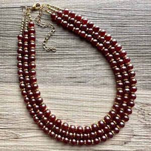 Frosted Burgundy Chunky 3 Strand Statement Necklace, fall necklace, red jewelry, dark red necklace, maroon ball beaded, gold earrings glass