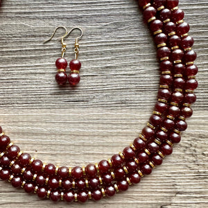 Frosted Burgundy Chunky 3 Strand Statement Necklace, fall necklace, red jewelry, dark red necklace, maroon ball beaded, gold earrings glass