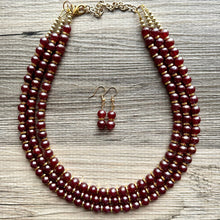 Load image into Gallery viewer, Frosted Burgundy Chunky 3 Strand Statement Necklace, fall necklace, red jewelry, dark red necklace, maroon ball beaded, gold earrings glass