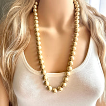 Load image into Gallery viewer, Long Disco ball beaded necklace, gold statement necklace jewelry set, gold ball earrings, layering necklace, gold pearl bead plus size