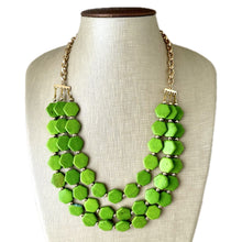 Load image into Gallery viewer, Bright Green Chunky Statement Necklace, Big beaded jewelry, 3 Strand Statement Bib necklace, gold geometric bridesmaid wedding earrings