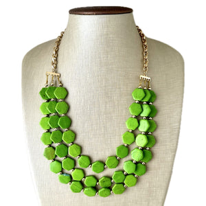 Bright Green Chunky Statement Necklace, Big beaded jewelry, 3 Strand Statement Bib necklace, gold geometric bridesmaid wedding earrings