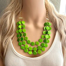 Load image into Gallery viewer, Bright Green Chunky Statement Necklace, Big beaded jewelry, 3 Strand Statement Bib necklace, gold geometric bridesmaid wedding earrings