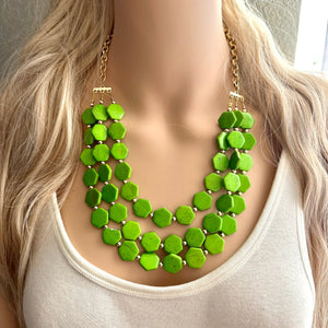 Bright Green Chunky Statement Necklace, Big beaded jewelry, 3 Strand Statement Bib necklace, gold geometric bridesmaid wedding earrings