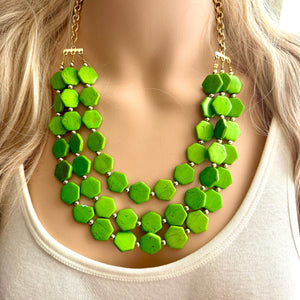 Bright Green Chunky Statement Necklace, Big beaded jewelry, 3 Strand Statement Bib necklace, gold geometric bridesmaid wedding earrings