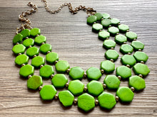 Load image into Gallery viewer, Bright Green Chunky Statement Necklace, Big beaded jewelry, 3 Strand Statement Bib necklace, gold geometric bridesmaid wedding earrings