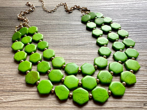 Bright Green Chunky Statement Necklace, Big beaded jewelry, 3 Strand Statement Bib necklace, gold geometric bridesmaid wedding earrings