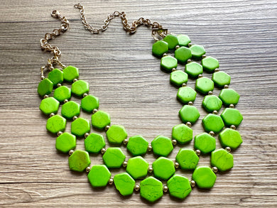 Bright Green Chunky Statement Necklace, Big beaded jewelry, 3 Strand Statement Bib necklace, gold geometric bridesmaid wedding earrings