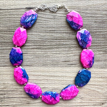 Load image into Gallery viewer, Gender Reveal Party Necklace, Pink and Blue Double Layer statement necklace, chunky bib necklace, party gift jewelry, baby shower necklace