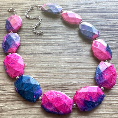 Gender Reveal Party Necklace, Pink and Blue Double Layer statement necklace, chunky bib necklace, party gift jewelry, baby shower necklace