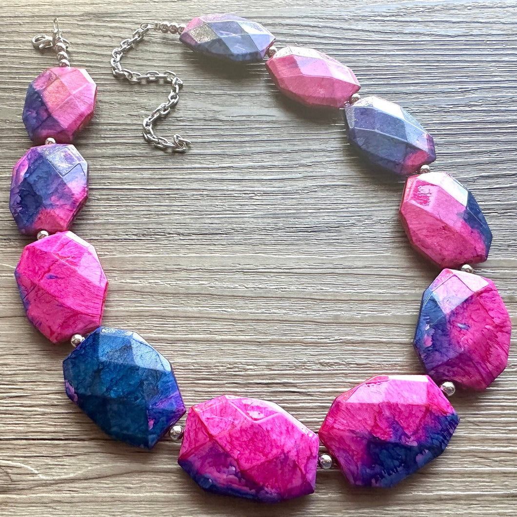 Gender Reveal Party Necklace, Pink and Blue Double Layer statement necklace, chunky bib necklace, party gift jewelry, baby shower necklace
