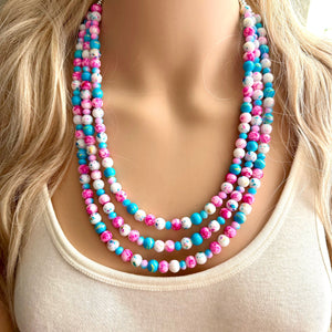 Cotton Candy Carnival Necklace, Pink & blue Gender Reveal Party Present, blush pink baby blue chunky beaded royal blue hot pink