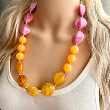 Load image into Gallery viewer, Summer’s Sunset Statement Long Necklace, chunky bib beaded jewelry, Summer pink yellow orange necklace, beaded acrylic jewelry hot pink