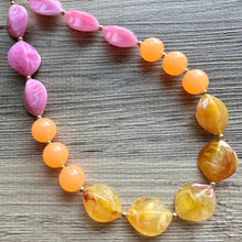 Load image into Gallery viewer, Summer’s Sunset Statement Long Necklace, chunky bib beaded jewelry, Summer pink yellow orange necklace, beaded acrylic jewelry hot pink