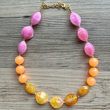 Load image into Gallery viewer, Summer’s Sunset Statement Long Necklace, chunky bib beaded jewelry, Summer pink yellow orange necklace, beaded acrylic jewelry hot pink