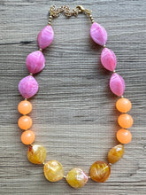 Load image into Gallery viewer, Summer’s Sunset Statement Long Necklace, chunky bib beaded jewelry, Summer pink yellow orange necklace, beaded acrylic jewelry hot pink