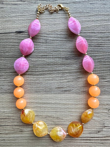 Summer’s Sunset Statement Long Necklace, chunky bib beaded jewelry, Summer pink yellow orange necklace, beaded acrylic jewelry hot pink