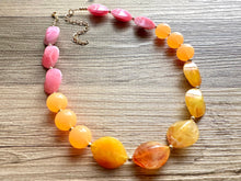 Load image into Gallery viewer, Summer’s Sunset Statement Long Necklace, chunky bib beaded jewelry, Summer pink yellow orange necklace, beaded acrylic jewelry hot pink