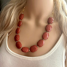 Load image into Gallery viewer, Mocha &amp; Gold Long Necklace, brown bead necklace, single strand bib necklace, neutral golden chain statement layering jewelry hazel coffee