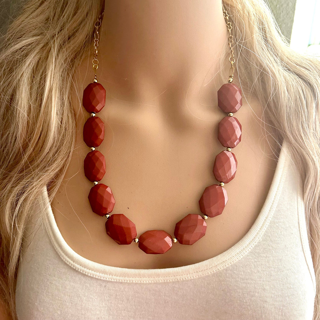 Mocha & Gold Long Necklace, brown bead necklace, single strand bib necklace, neutral golden chain statement layering jewelry hazel coffee