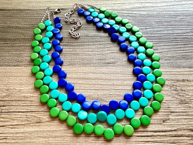 Royal Blue & Green teal pink 3 Strand Statement Necklace, Chunky Jewelry Big Beaded Necklace, dark blue geometric zig zag bubble earrings