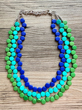 Load image into Gallery viewer, Royal Blue &amp; Green teal pink 3 Strand Statement Necklace, Chunky Jewelry Big Beaded Necklace, dark blue geometric zig zag bubble earrings