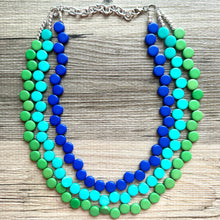 Load image into Gallery viewer, Royal Blue &amp; Green teal pink 3 Strand Statement Necklace, Chunky Jewelry Big Beaded Necklace, dark blue geometric zig zag bubble earrings