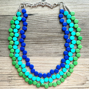 Royal Blue & Green teal pink 3 Strand Statement Necklace, Chunky Jewelry Big Beaded Necklace, dark blue geometric zig zag bubble earrings