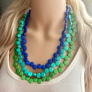Royal Blue & Green teal pink 3 Strand Statement Necklace, Chunky Jewelry Big Beaded Necklace, dark blue geometric zig zag bubble earrings