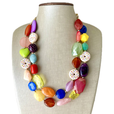 Donut Dreamscape Necklace, Rainbow 2 strand Chunky Statement, Orange blue green pink yellow jewelry bridesmaid bib wedding chunky bib beaded