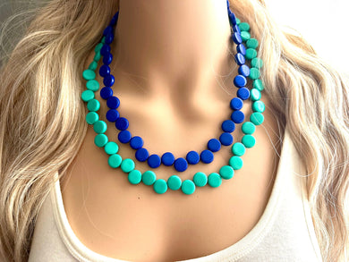 Royal Blue & Green teal 2 Strand Statement Necklace, Chunky Jewelry Big Beaded Necklace, dark blue geometric zig zag bubble round earrings